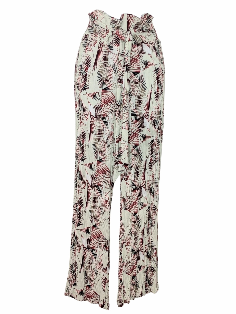 Rewash Cream Wide-Leg Paperbag Waist with  Bugandy And Black Tropical Print Pant